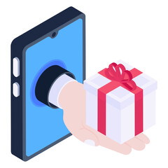 
Gift box inside mobile denoting isometric icon of online gift delivery 

