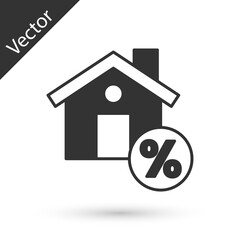Grey House with percant discount tag icon isolated on white background. Real estate home. Credit percentage symbol. Vector