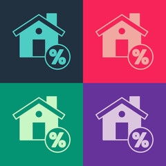 Pop art House with percant discount tag icon isolated on color background. Real estate home. Credit percentage symbol. Vector
