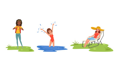 Young Woman Splashing in the Water and Hiking with Backpack Enjoying Camping Activity Vector Set