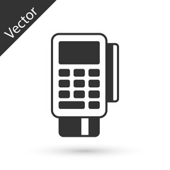 Grey POS terminal with inserted credit card and printed reciept icon isolated on white background. NFC payment concept. Vector