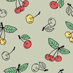Cherry berries on the green. Seamless pattern on an isolated background. Vector set of hand-drawn contour elements. Doodle Texture is suitable for packaging paper, fabric, decor, cover.