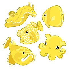 Cute Yellow Sea animals on gray background. Vector illustration. Underwater life. Octopus, box fish, angel fish, Nudibranchs. Childish, kids.