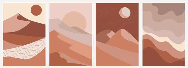 A set of modern abstract illustrations, landscapes. Mountains, dunes, desert, sun, moon in a minimalist style for posters, prints, wallpapers, textiles, invitations. Vector graphics.