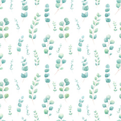 Watercolor eucalyptus greenery seamless pattern on white background.