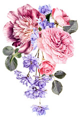 Beautiful bouquet of pink roses and coloured flowers on a white background soft and romantic vintage filter