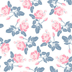 Delicate pink roses seamless pattern. Hand drawn flat silhouettes on white background. Rich floral ornament of lush inflorescence scrapbooking wrapping paper. Stock vector illustration.