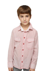 Cute little boy in casual shirt isolated on white background.