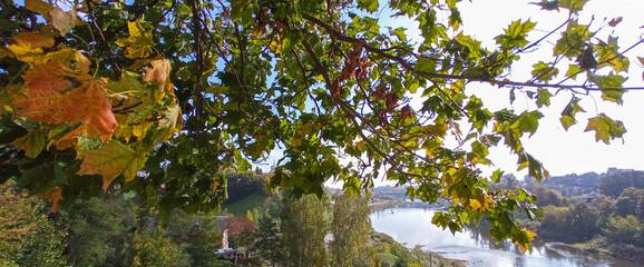 Autumn in the city. View of the river through the leaves of the trees.
