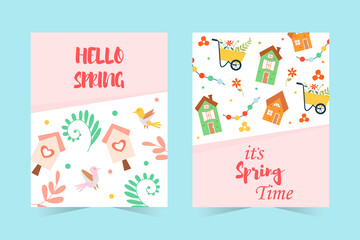 Set of spring banners. Hello spring with lettering, cute houses, birds, birdhouses, flowers and more. Vector hand-drawn illustration.