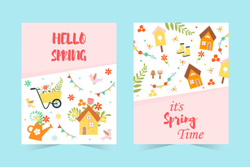 Set of spring banners. Hello spring with lettering, cute houses, boots, birds, flowers and more. Vector hand-drawn illustration.