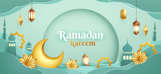 Ramadan Kareem paper graphic of islamic festival design with crescent moon and islamic decorations.