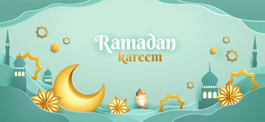 Fototapeta na wymiar Ramadan Kareem paper graphic of islamic festival design with crescent moon and islamic decorations.