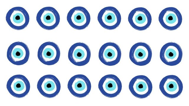 Seamless Pattern with hand drawn Turkish eye. Symbol of protection Turkey, Greece, Cyprus, Crete. Background with magic items, attributes. Amulet - blue Turkish Fatima's Eye.