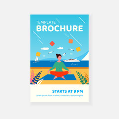 Peaceful woman doing yoga on beach. Meditation, sea, seaside, lotus pose. Flat vector illustration. Relaxing outdoors, stress relief concept for banner, website design or landing web page