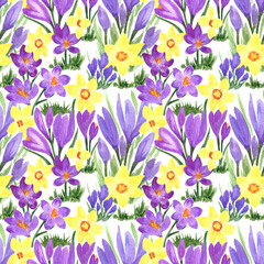 Fototapeta na wymiar Waterclor colorful seamless pattern of spring flowers. Hand Illustration of primrose for creating fabrics, textile, decoupage, wallpapers, print, gift wrapping paper, invitations, textile.