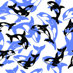 Simple seamless trendy animal pattern with orca. Cartoon vector illustration. © Lili Kudrili