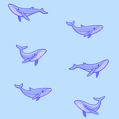 Fototapeta premium Simple seamless trendy animal pattern with whale. Contour vector illustration.