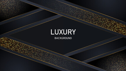 Dark abstract background with black overlap layers. Realistic texture with light effect and golden glitters dots element decoration.