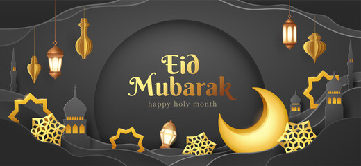 Eid Mubarak paper graphic of islamic festival design with crescent moon and islamic decorations.