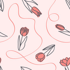 Seamless spring pattern with tulips and ribbon in line art style. Tulips of different shapes on a pink background. Flat vector illustration.