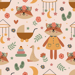 seamless pattern with cute fox and nursery elements