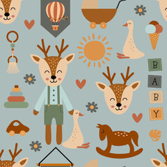 Fototapeta na wymiar seamless pattern with cute deer and nursery elements