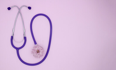 Obraz na płótnie Canvas Stethoscope and pink flower on a pink background with copy space. Medical flat lay. color of year 2022 Very peri. pharmacist's day