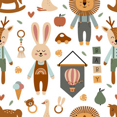 seamless pattern with cute animals and  baby boy elements