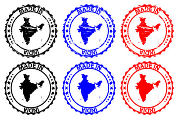 Made in India - rubber stamp - vector, Republic of India map pattern - black, blue and red
