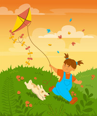 Happy little child playing with a kite vector illustration. Kid having fun with a dog, cute girl running on the field. Colorful sunset on the background. Outdoor activity, childhood concept.