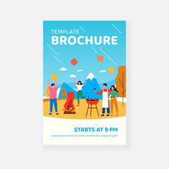 Friends having fun at BBQ party. People grilling meat, dancing at fire outdoors. Flat vector illustration. Camping, adventure travel, picnic concept for banner, website design or landing web page