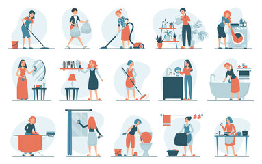 Housework set vector isolated. Collection of women doing house work. Vacuum cleaning, clothes ironing, cooking, wiping dust. Female characters cleaning window and mirror.