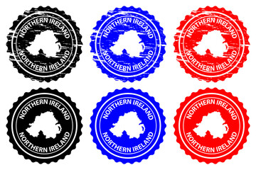 Northern Ireland - rubber stamp - vector, Northern Ireland map pattern - sticker - black, blue and red