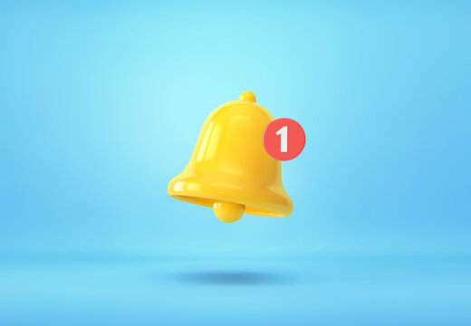 Yellow notification bell with one new notification on blue background