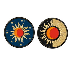 symbolic representation of sun and moon for tatoo and modern circular blue and gold decoration