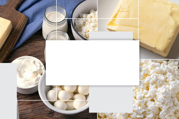 Collage of dairy products on wooden background. Healthy eating concept.