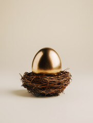 Golden egg in the nest isolated on champagne color background. Minimal Easter layout with copy space. Creative investments, savings, funding and pensions concept.