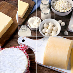 Collage of dairy products on wooden background. Healthy eating concept.