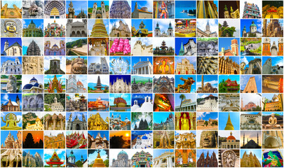World Religious Monuments - collage from different religions from Bali, Thailand, Cambodia, Turkey, Vietnam Nepal, Singapore at Asia and Florens, Palma, Santorini, Venice, Milan, Lyon, Berlin, Vilnius