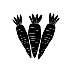 Carrots are drawn with a black outline on a white background. Cute illustrations of vegetables for postcards, kitchen textiles, menus, restaurants. Thin line customizable illustration. 