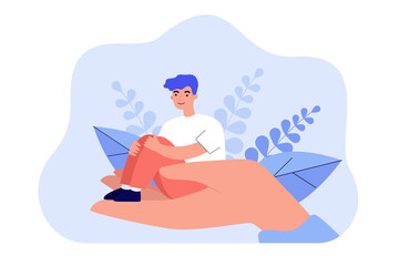 Tiny patient man sitting in counselor hand. Person support flat vector illustration. Psychologist counseling, psychotherapy, mental health concept for website design or landing web page