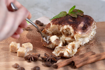 eating process a piece of delicious tiramisu, perfect dessert. Star anise and cane sugar complete the composition