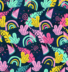 
Vector heavenly and tropical pattern with rainbow, watermelon, leaves and doodle art. Trendy kids background for textiles and typography.