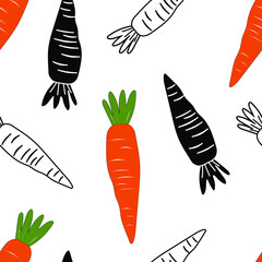 Set of carrots on a white background. Cute seamless pattern of vegetables for fabrics, kitchen textiles, restaurants, wrapping paper in grocery stores. Vector graphics.