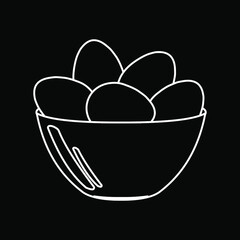Easter. Chicken eggs in a plate are drawn with a white outline on a black background. Cute illustrations for holiday cards, kitchen textiles. Thin line customizable illustration. Vector graphics.