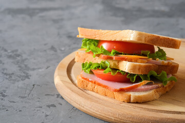 Tasty sandwich with ham, salad, cheese and tomatoes on gray background, selective focus, close-up view, copy space 