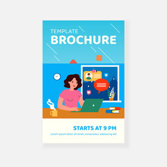 Happy woman chatting or dating with boyfriend online flat vector illustration. Cartoon young lady searching for romantic partner on internet. Relationship and computer service concept