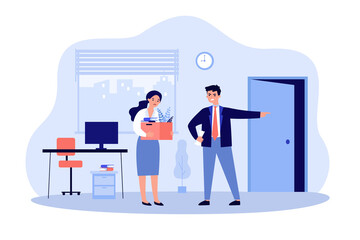 Angry boss man dismissing sad employee woman. Unhappy fired person leaving office work place flat vector illustration. Unemployment concept for banner, website design or landing web page