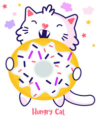 Flat hungry cat, cartoon. Child vector. Happy summer holiday. Perfect for Nursery kids, greeting card, baby shower girl, fabric design.